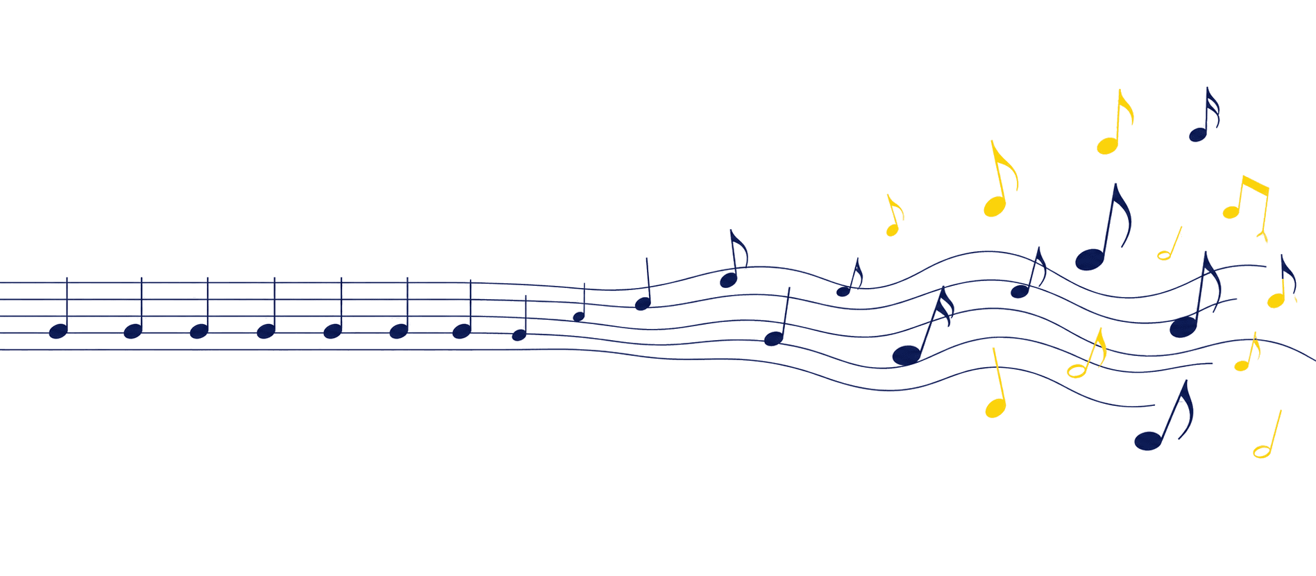 Une portée musicale qui passe d'un alignement rigide à des notes qui s'envolent et se désynchronisent.
